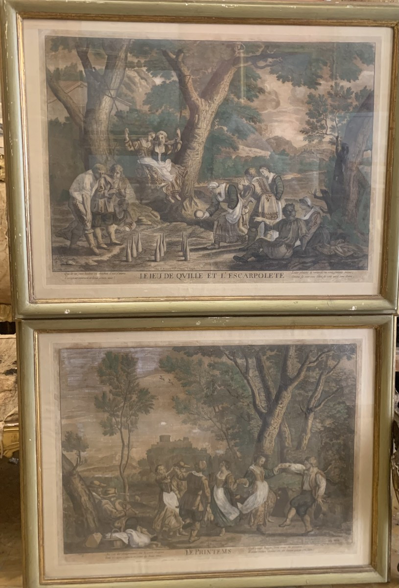 C. Bouzonnet J. Stella -  Primavera e birilli e altalena  1667 - 2 Incisioni Francia francesi