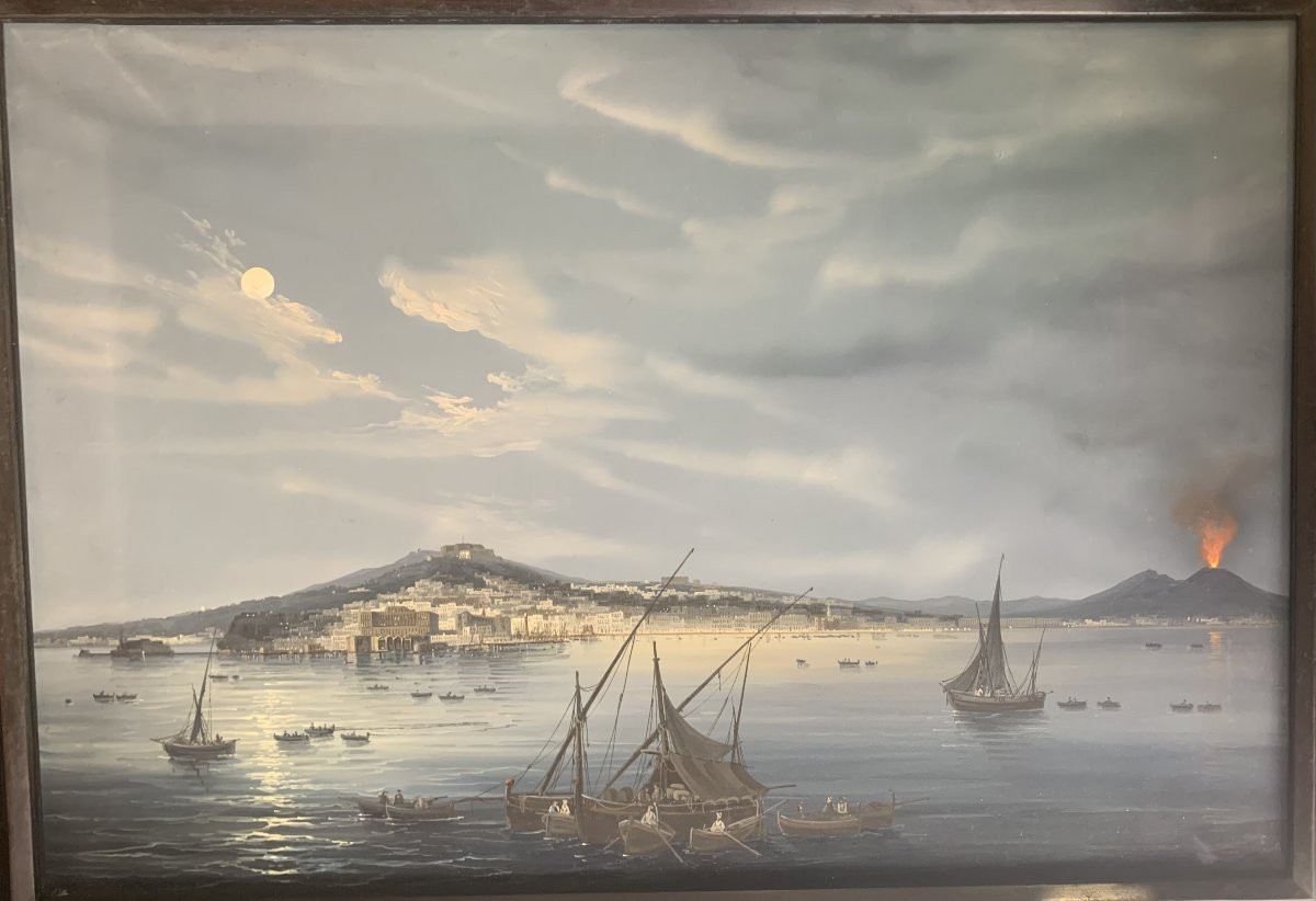 G.La Pira -Napoli dal Mare notturna- gouache  napoletana - Grand Tour Italia  Eruzione Vesuvio-photo-2