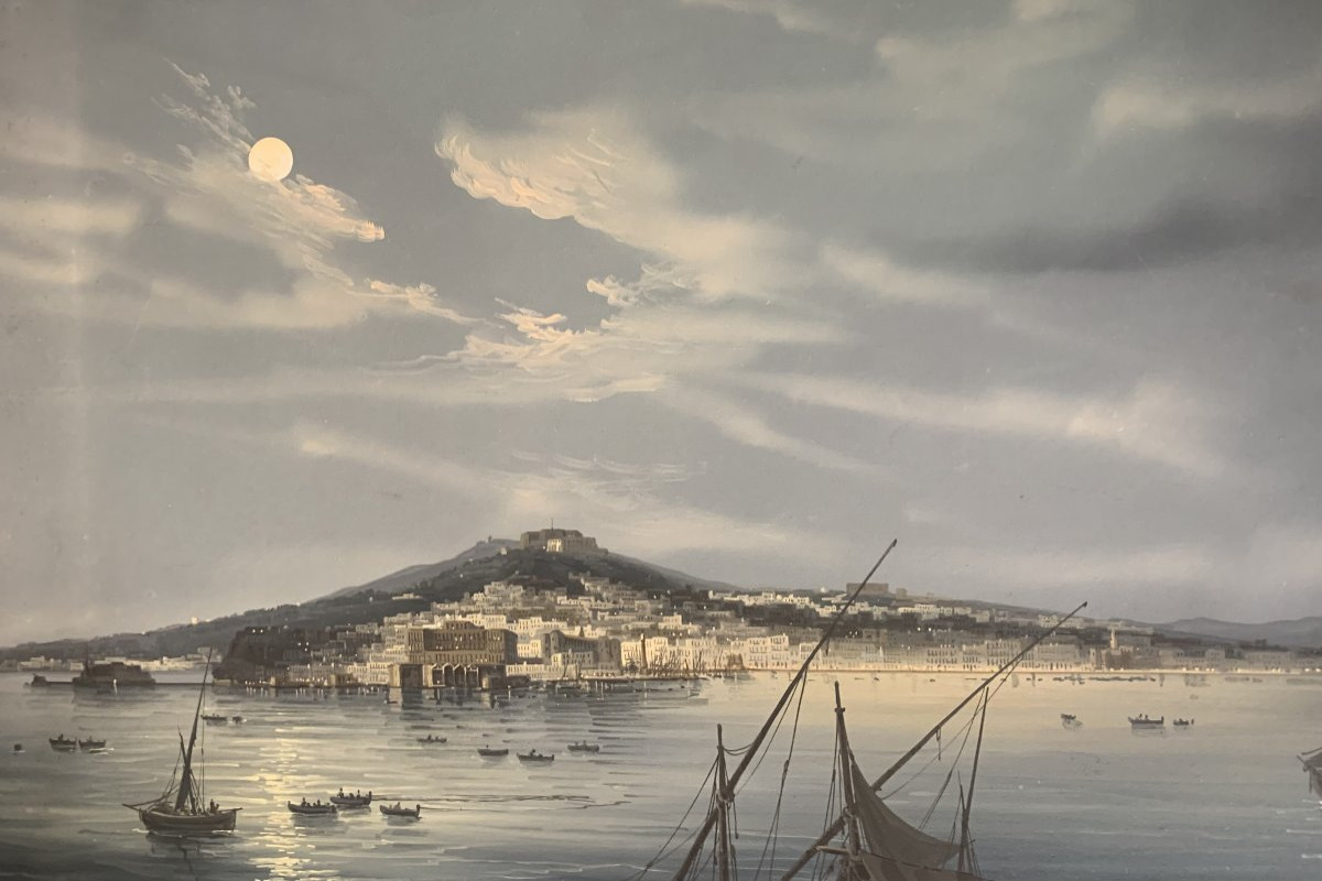 G.La Pira -Napoli dal Mare notturna- gouache  napoletana - Grand Tour Italia  Eruzione Vesuvio-photo-3