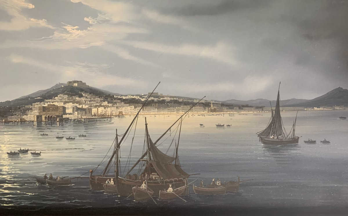 G.La Pira -Napoli dal Mare notturna- gouache  napoletana - Grand Tour Italia  Eruzione Vesuvio-photo-4