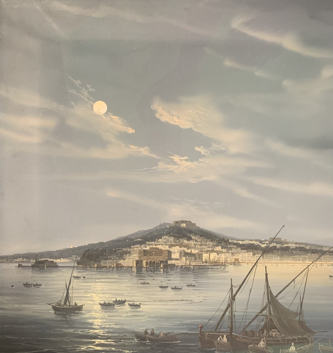 G.La Pira -Napoli dal Mare notturna- gouache  napoletana - Grand Tour Italia  Eruzione Vesuvio-photo-1