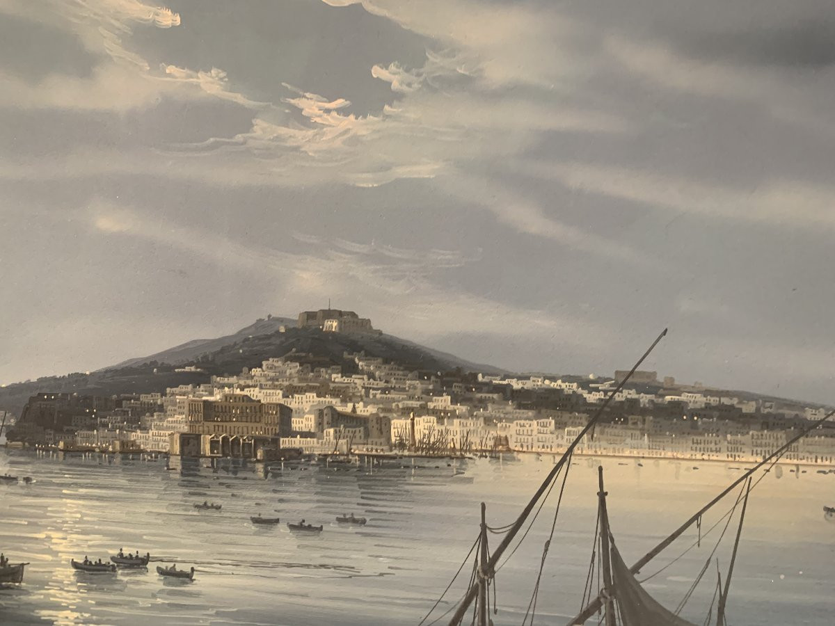 G.La Pira -Napoli dal Mare notturna- gouache  napoletana - Grand Tour Italia  Eruzione Vesuvio-photo-2