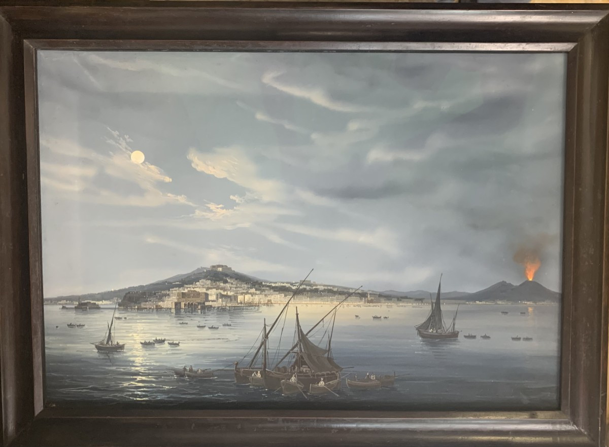 G.La Pira -Napoli dal Mare notturna- gouache  napoletana - Grand Tour Italia  Eruzione Vesuvio