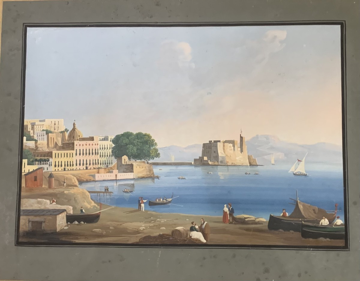 Gioacchino La Pira - Napoli il Chiatamone- gouache napoletana- Italia Grand Tour Vesuvio