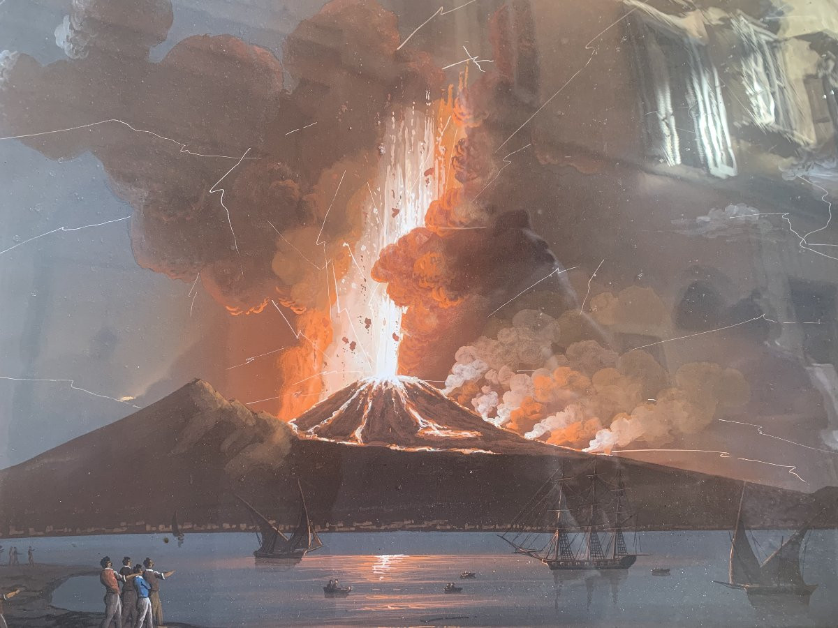 Scuola Napoletana -gouache Eruzione del Vesuvio di notte 1822 Napoli Italia Grand Tour -photo-3