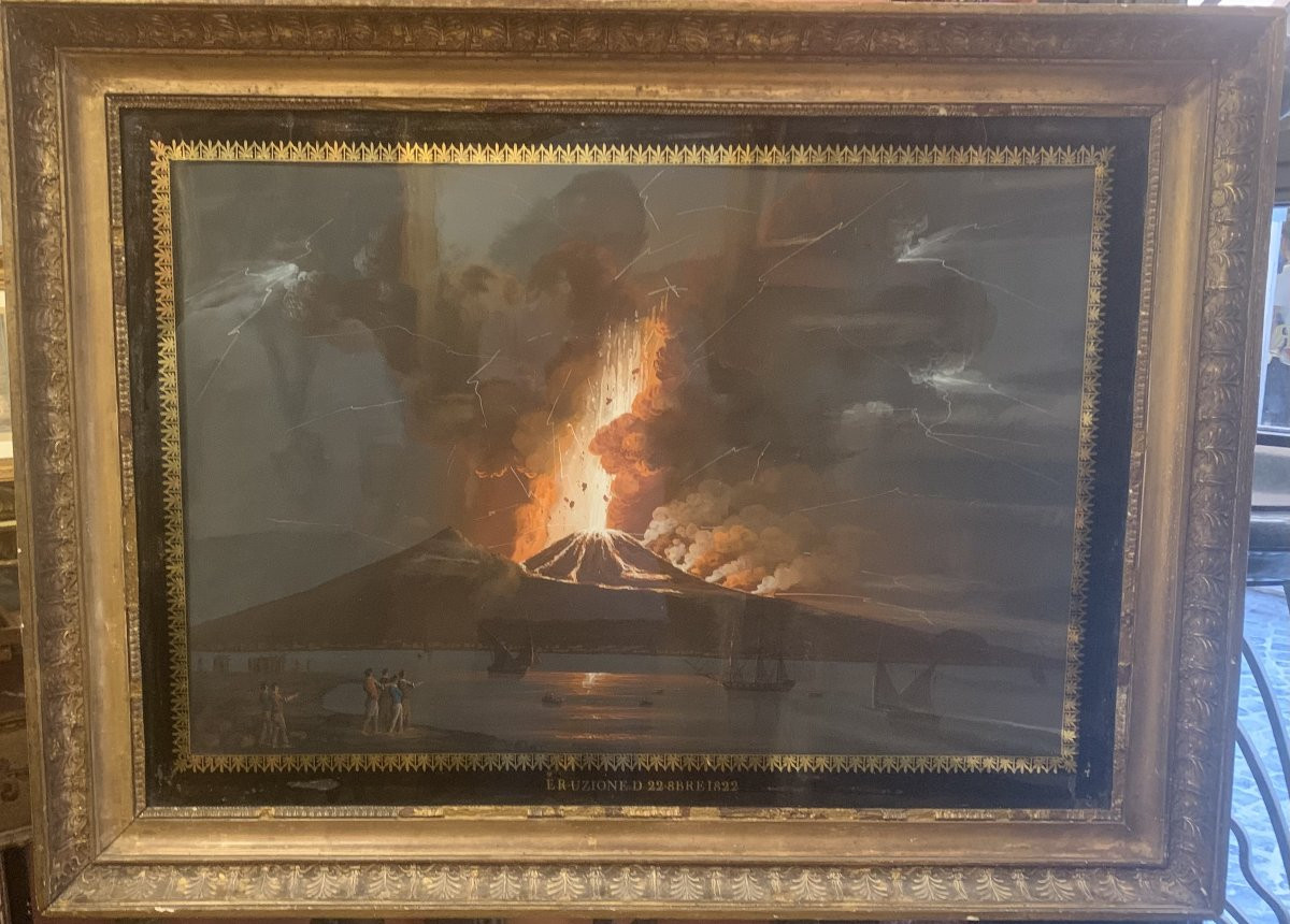 Scuola Napoletana -gouache Eruzione del Vesuvio di notte 1822 Napoli Italia Grand Tour -photo-2