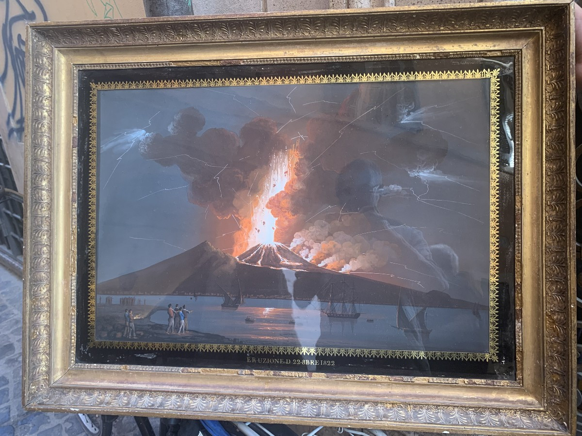 Scuola Napoletana -gouache Eruzione del Vesuvio di notte 1822 Napoli Italia Grand Tour 
