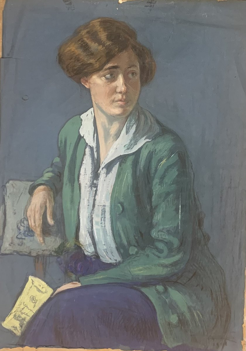 scuola europea -1918  ritratto femminile- tempera Italia Francia  -photo-2