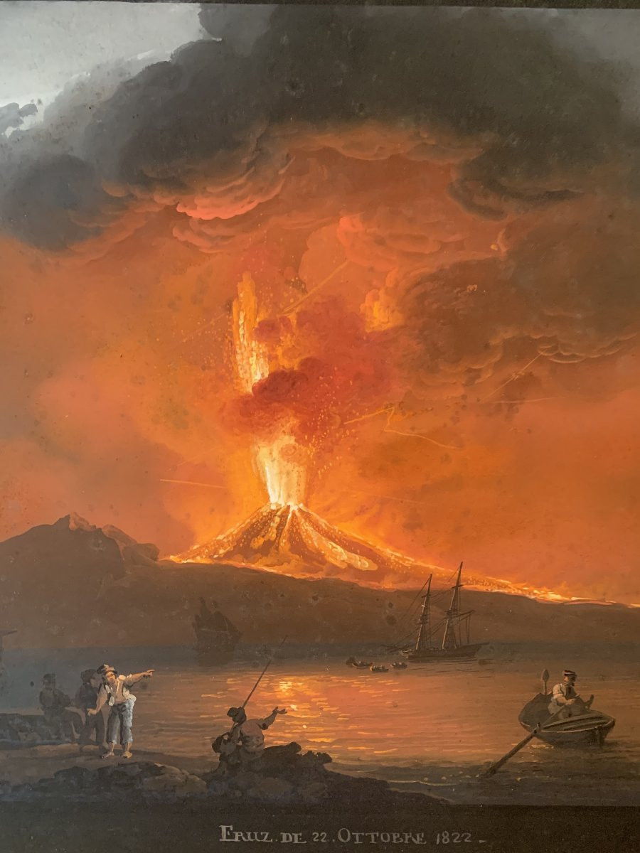 Camillo de Vito- Eruzione del Vesuvio di notte 1822 - Gouache firmato Napoli Grand Tour Italia-photo-3
