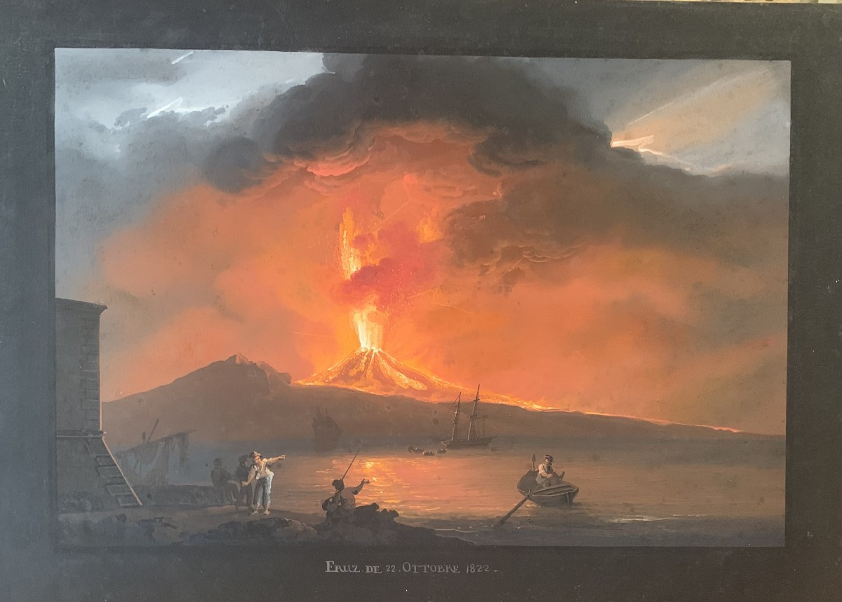 Camillo de Vito- Eruzione del Vesuvio di notte 1822 - Gouache firmato Napoli Grand Tour Italia-photo-2