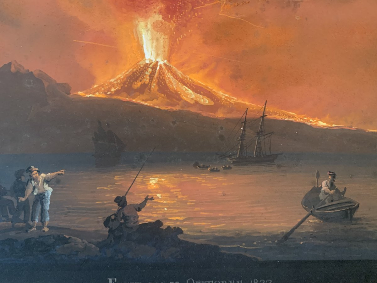 Camillo de Vito- Eruzione del Vesuvio di notte 1822 - Gouache firmato Napoli Grand Tour Italia-photo-1