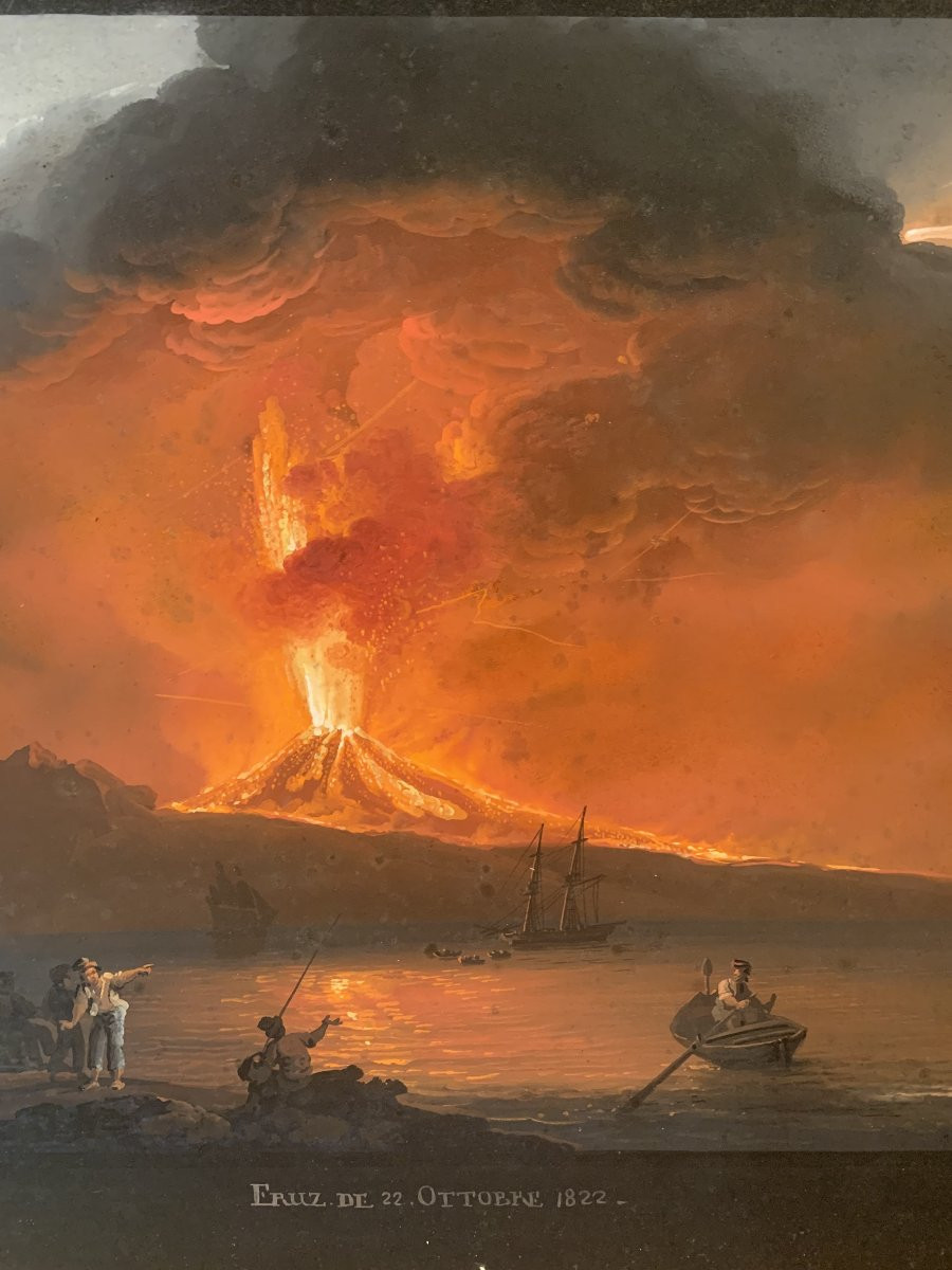 Camillo de Vito- Eruzione del Vesuvio di notte 1822 - Gouache firmato Napoli Grand Tour Italia-photo-2