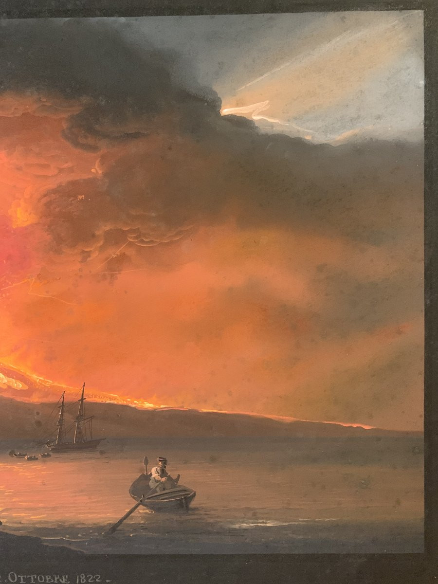Camillo de Vito- Eruzione del Vesuvio di notte 1822 - Gouache firmato Napoli Grand Tour Italia-photo-3