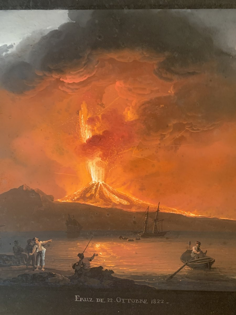 Camillo de Vito- Eruzione del Vesuvio di notte 1822 - Gouache firmato Napoli Grand Tour Italia-photo-4