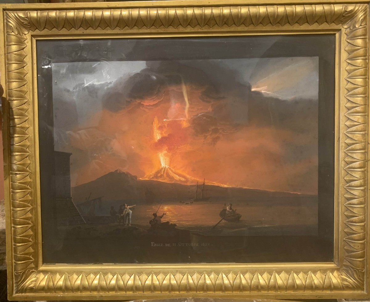 Camillo de Vito- Eruzione del Vesuvio di notte 1822 - Gouache firmato Napoli Grand Tour Italia