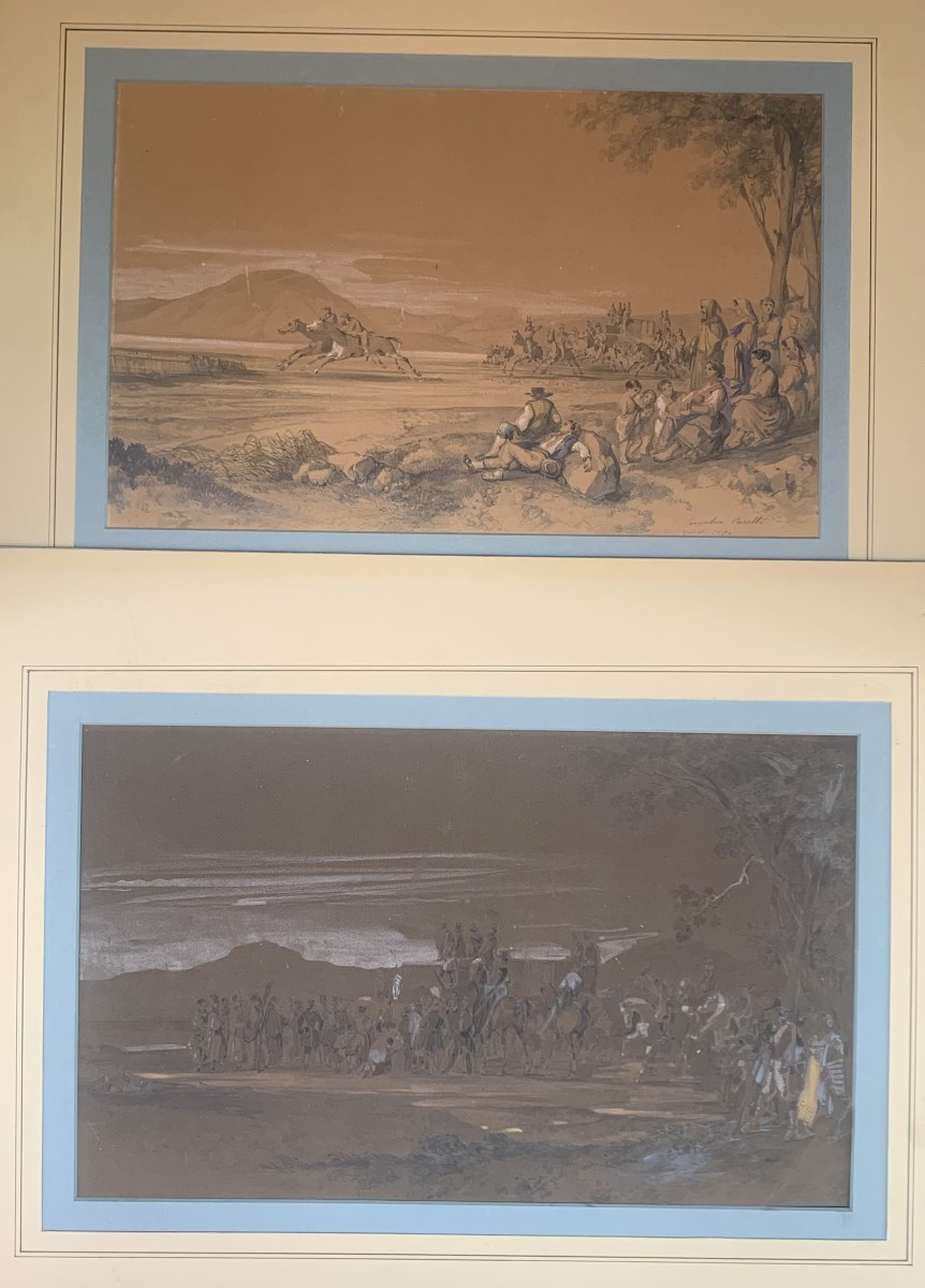 Consalvo Carelli - 2 acquarelli corsa dei cavalli a Napoli- Italia napoletano 1850
