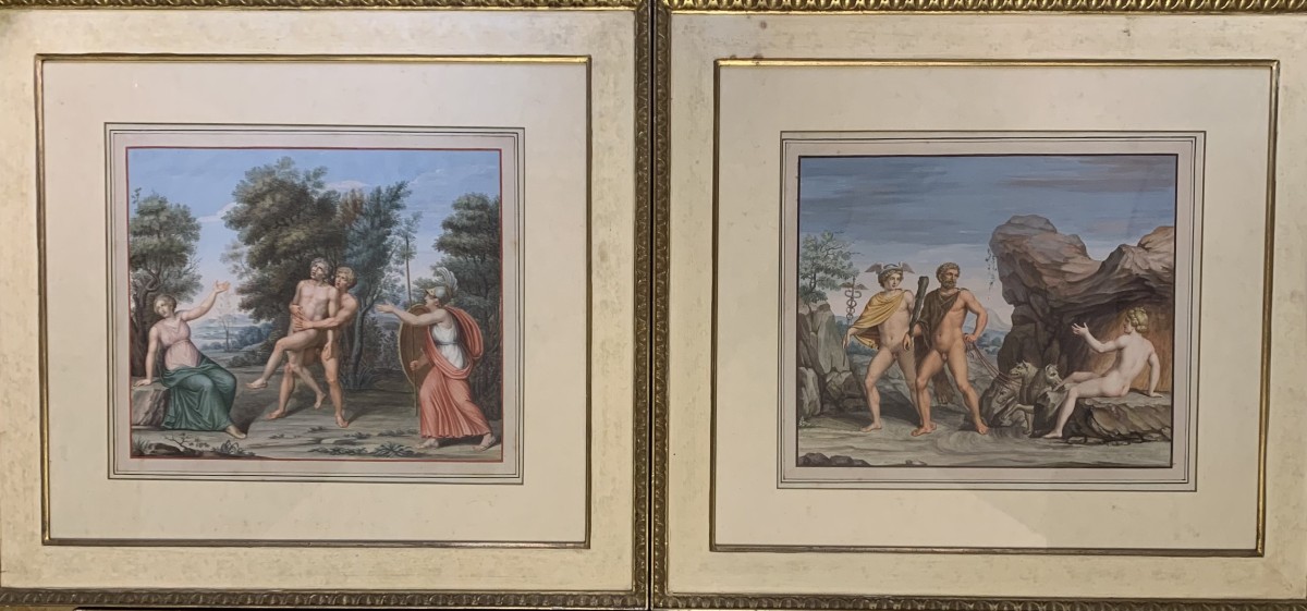 scuola napoletana - 2 gouache  -Tomba  dei Nasoni a Roma -XVIII sec. Neoclassiche - Italia Gran