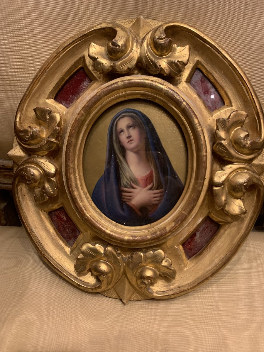 Scuola francese - Immacolata- Ceramica XIX s. cornice -Francia Italia Grand Tour-photo-2