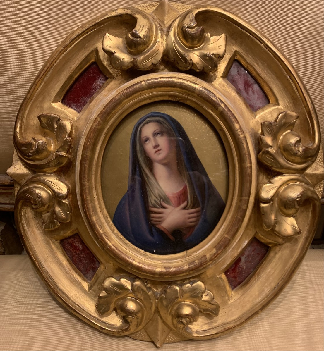 Scuola francese - Immacolata- Ceramica XIX s. cornice -Francia Italia Grand Tour