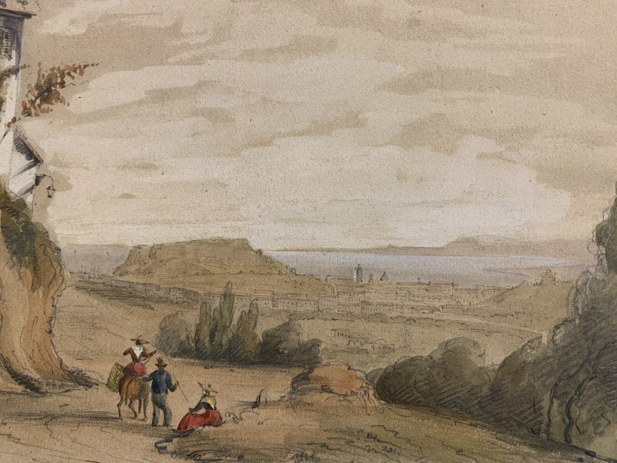 J.Andrè -Due vedute di Nizza - Francia - 1850 ca disegno e acquarello-photo-3