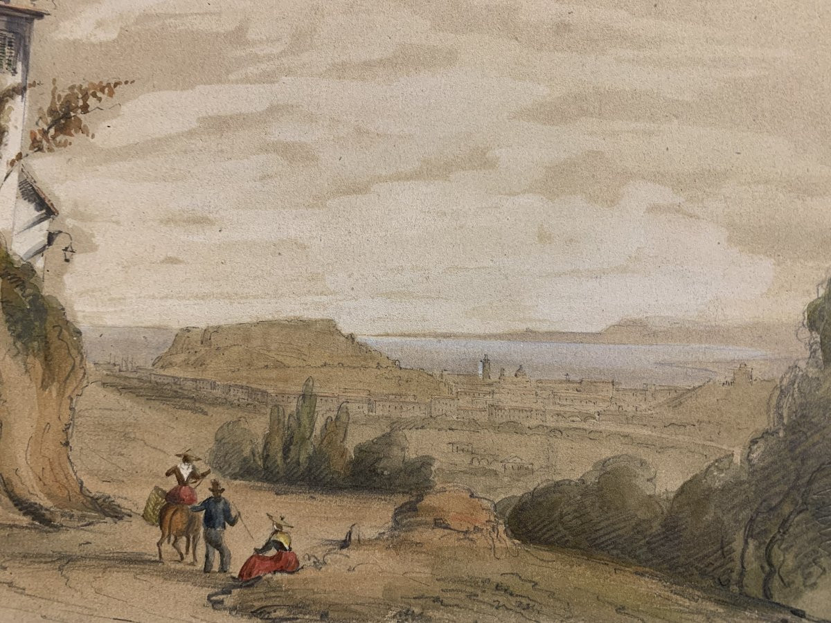 J.Andrè -Due vedute di Nizza - Francia - 1850 ca disegno e acquarello-photo-4