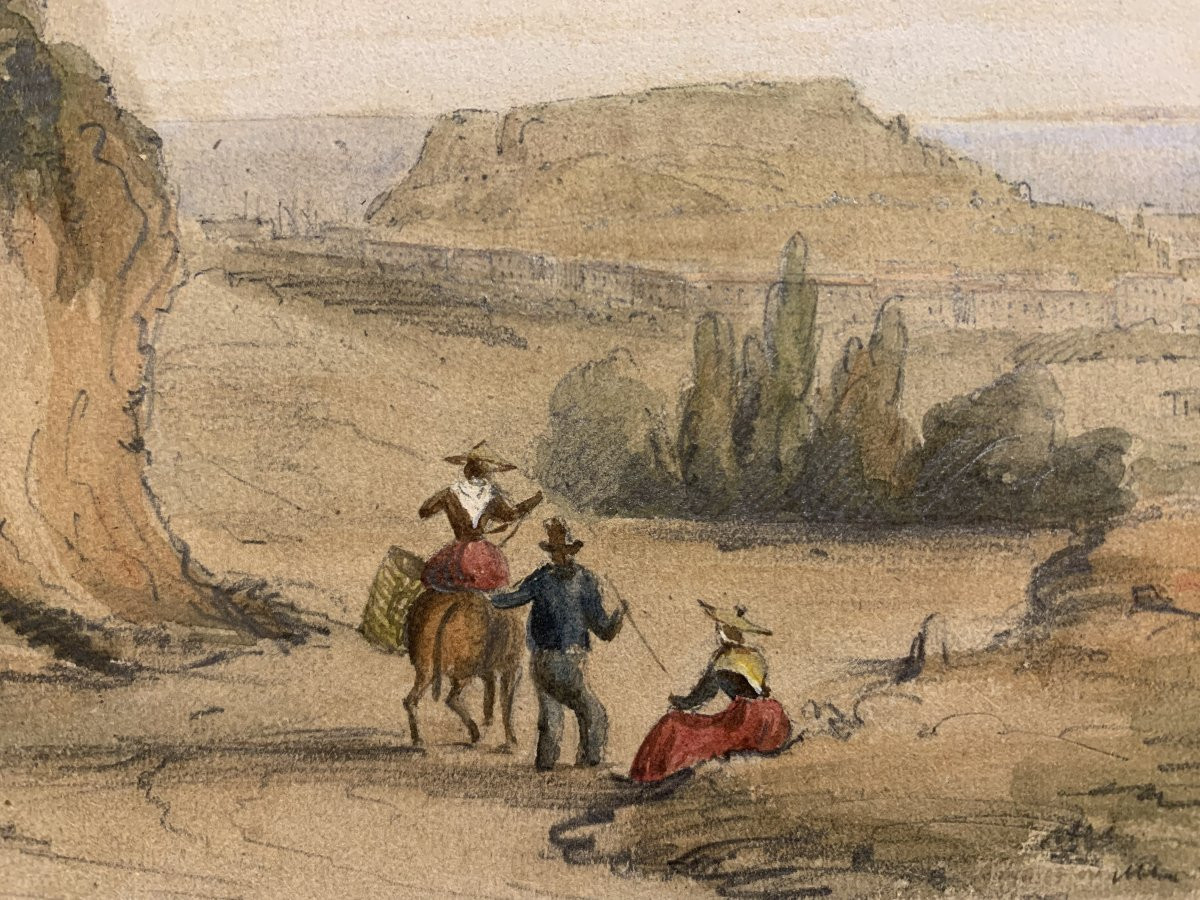 J.Andrè -Due vedute di Nizza - Francia - 1850 ca disegno e acquarello-photo-7