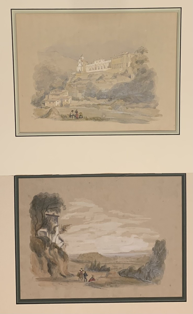 J.Andrè -Due vedute di Nizza - Francia - 1850 ca disegno e acquarello- Costa azzurra francese