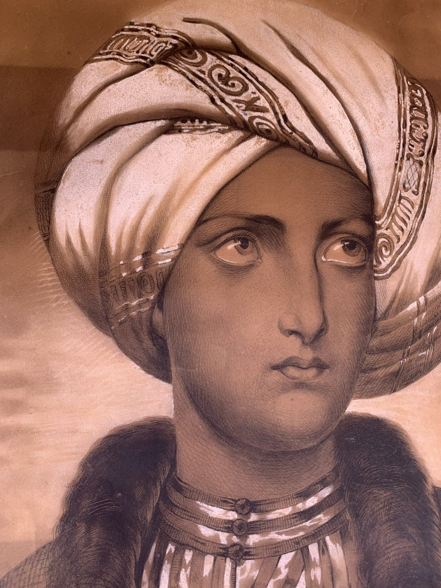 scuola francese Sultano di Cem e Donna orientale - 2 Disegni - Anatolia -Turchia Istambul -photo-3