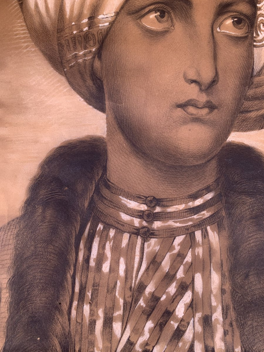 scuola francese Sultano di Cem e Donna orientale - 2 Disegni - Anatolia -Turchia Istambul -photo-1