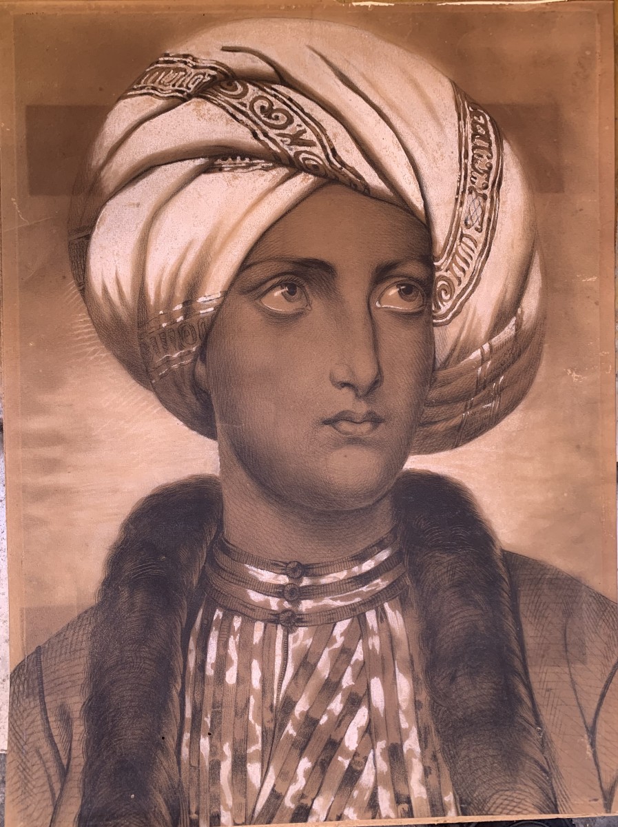 scuola francese Sultano di Cem e Donna orientale - 2 Disegni - Anatolia -Turchia Istambul 