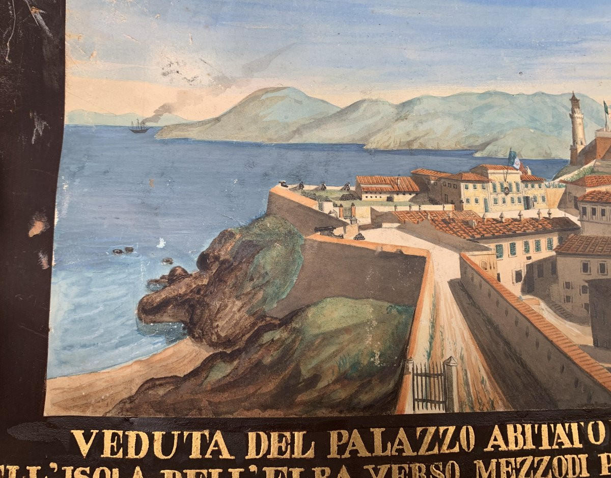 Scuola italiana Palazzo abitato da Napoleone Isola d'Elba- acquerello Francia francese  -photo-2