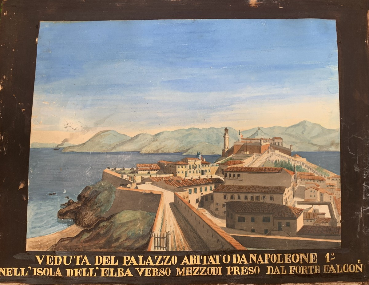 Scuola italiana Palazzo abitato da Napoleone Isola d'Elba- acquerello Francia francese  