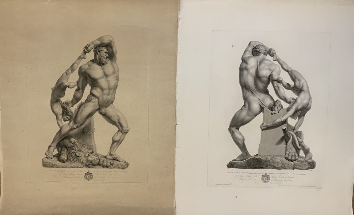 Canova- Ercole e Lica - Fontana incisore- 1820 ca  2 Acqueforti nudi maschili - Italia 