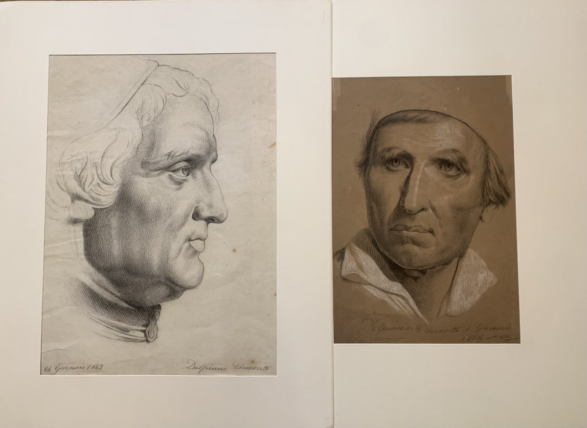 Clemente Delpiano - Due disegni di  ritratti di uomo -1883 - maschili disegno Italia 