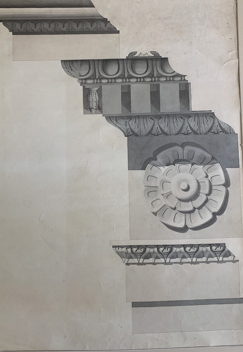 Studio frontone romano - Acquarello 1830 ca -Architettura  Italia Roma -accademia 