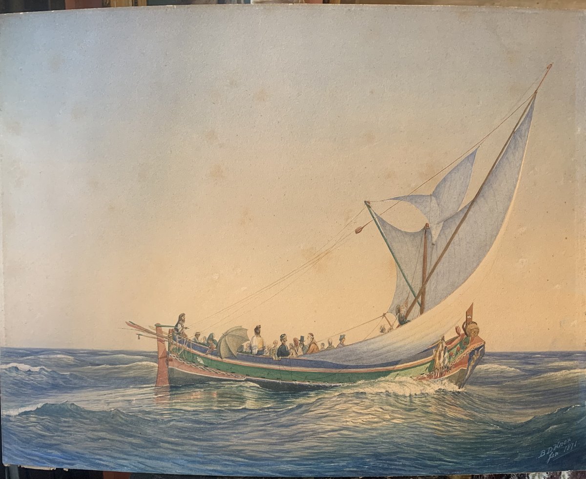 Brownlow D. KNOX - Barca maltese - Malta- acquerello 1871 Inghilterra Valletta