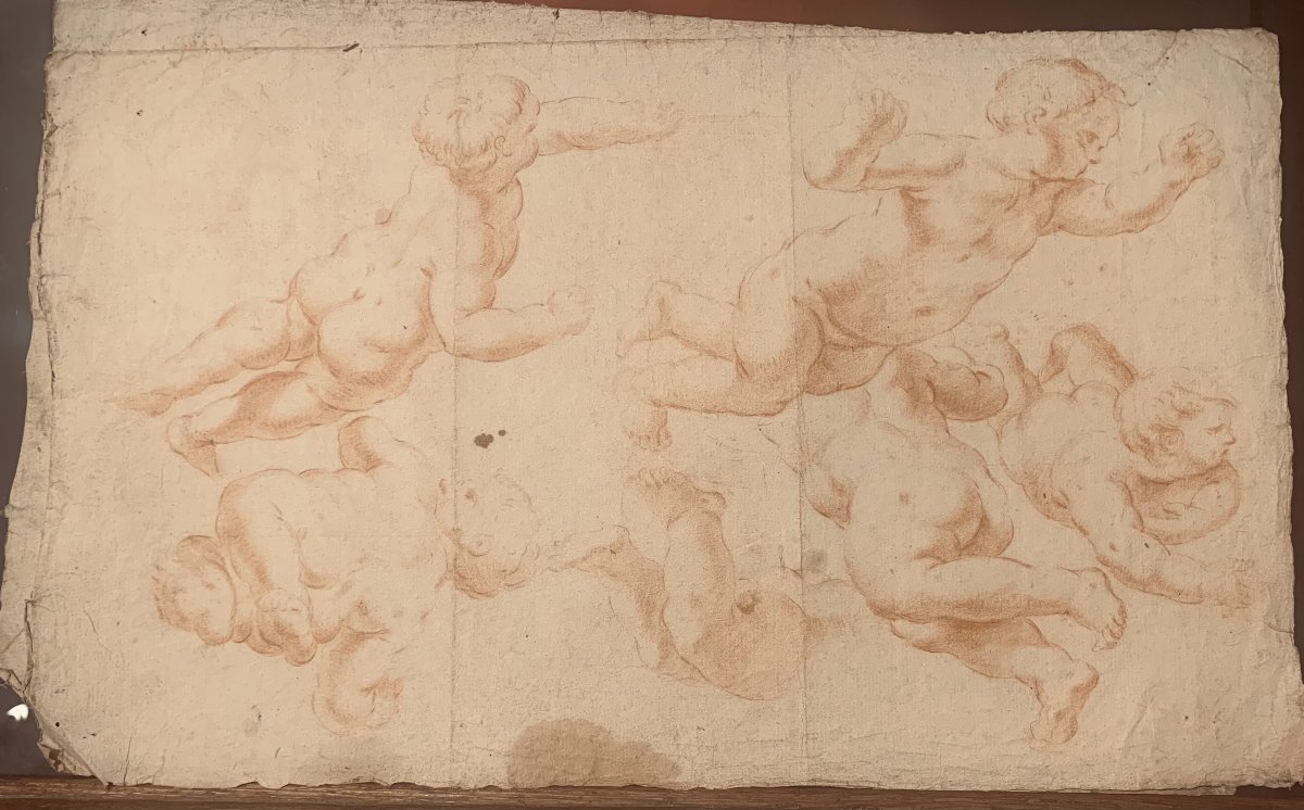Scuola  italiana - Putti - doppio disegno a sanguigna - fine XVII secolo - Italia  -accademia-