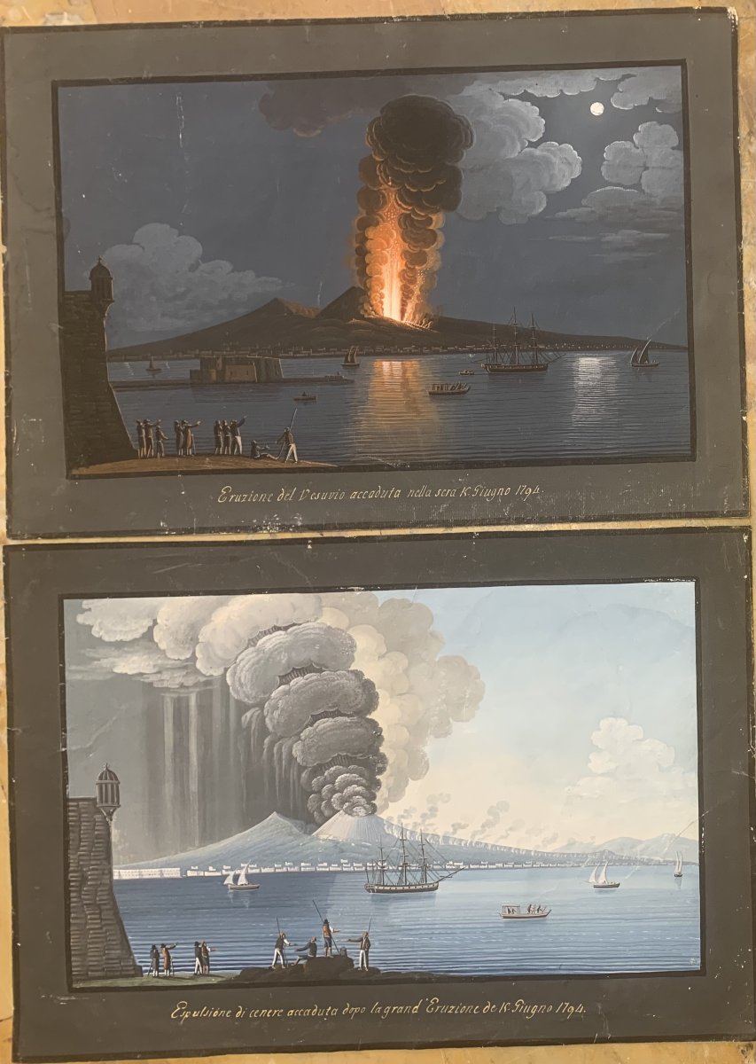 Coppia di Eruzioni di Cenere del Vesuvio 1794 -gouaches napoletane - Napoli - Italia fine XVIII-photo-2