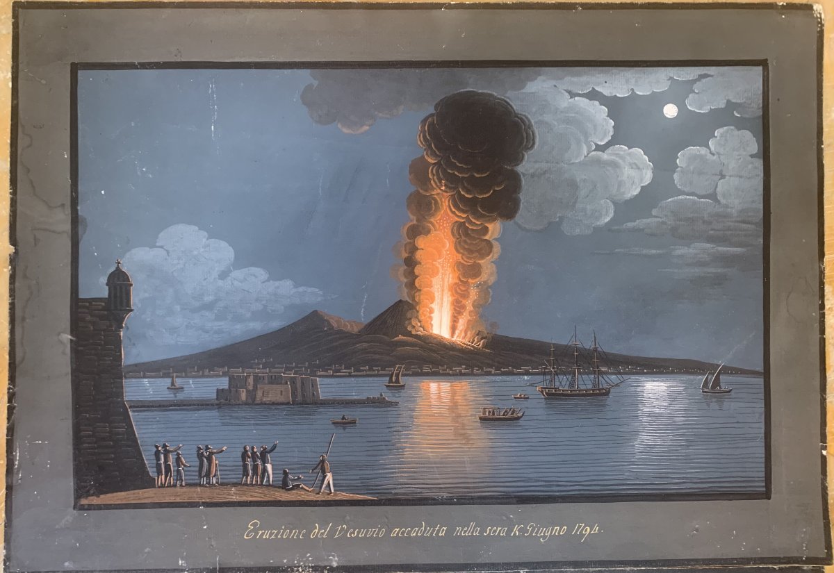 Coppia di Eruzioni di Cenere del Vesuvio 1794 -gouaches napoletane - Napoli - Italia fine XVIII-photo-2