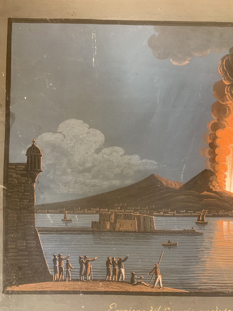 Coppia di Eruzioni di Cenere del Vesuvio 1794 -gouaches napoletane - Napoli - Italia fine XVIII-photo-4