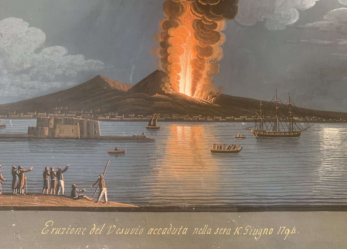 Coppia di Eruzioni di Cenere del Vesuvio 1794 -gouaches napoletane - Napoli - Italia fine XVIII-photo-5