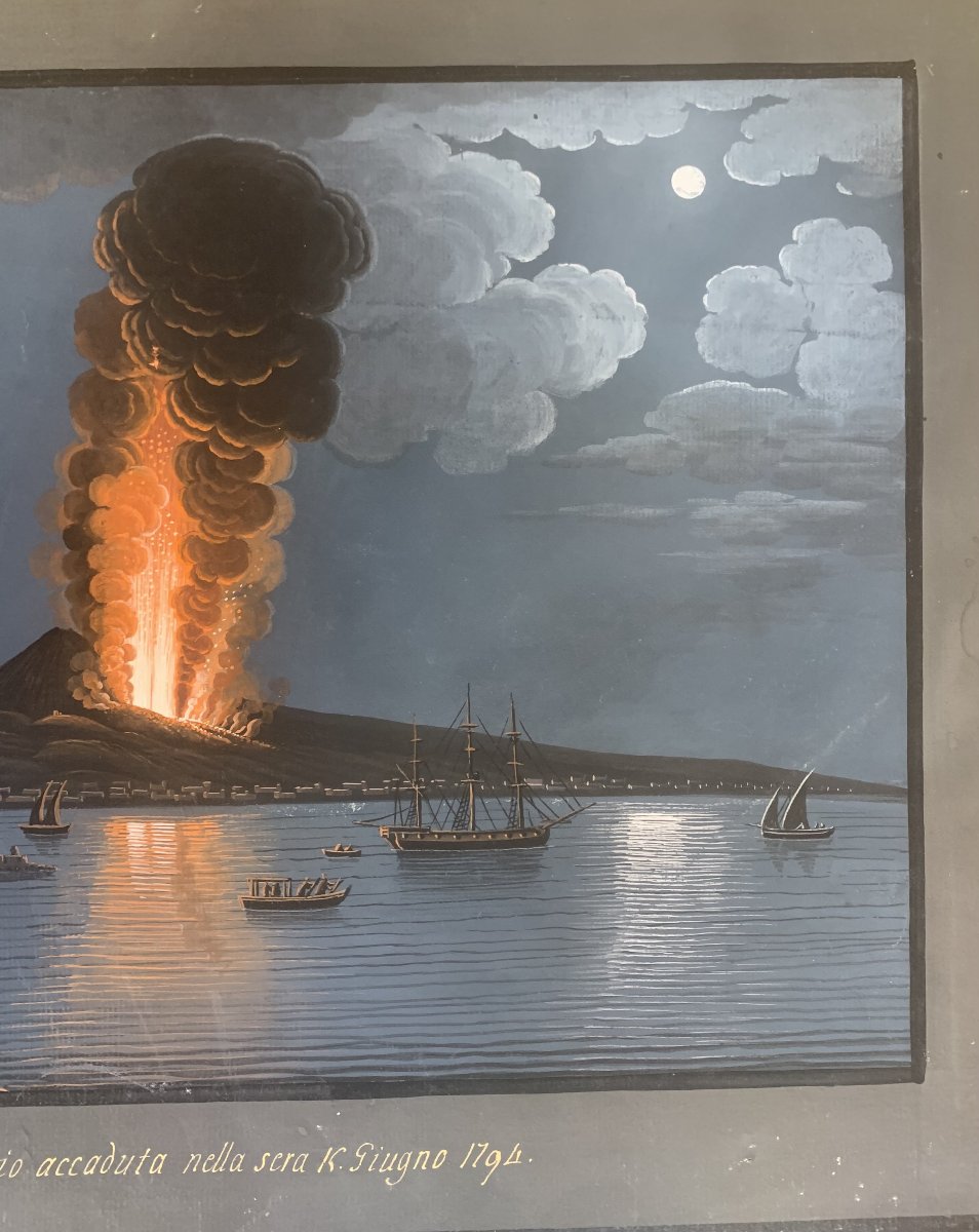 Coppia di Eruzioni di Cenere del Vesuvio 1794 -gouaches napoletane - Napoli - Italia fine XVIII-photo-6