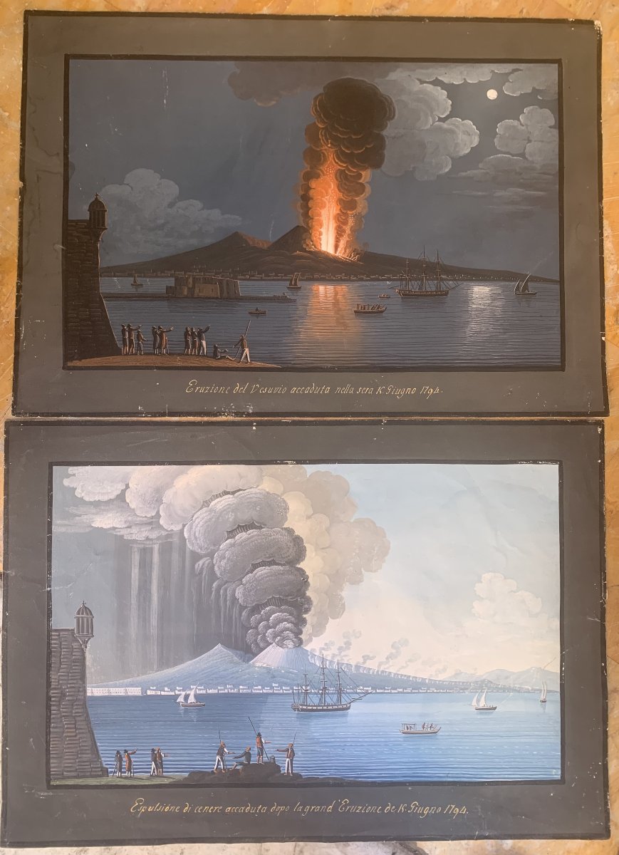 Coppia di Eruzioni di Cenere del Vesuvio 1794 -gouaches napoletane - Napoli - Italia fine XVIII