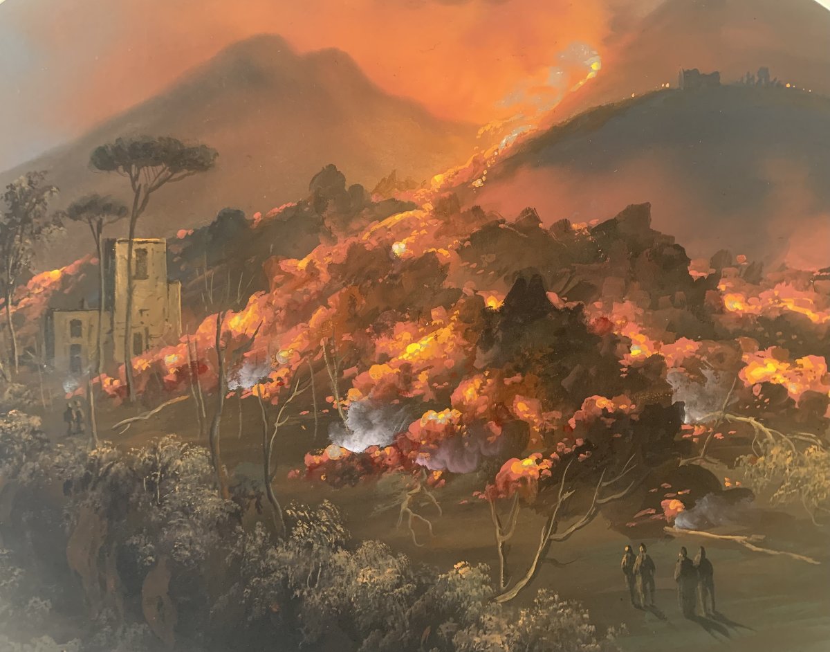 Scuola napoletana-gouache - eruzione notturna del Vesuvio- cratere- Napoli -photo-2