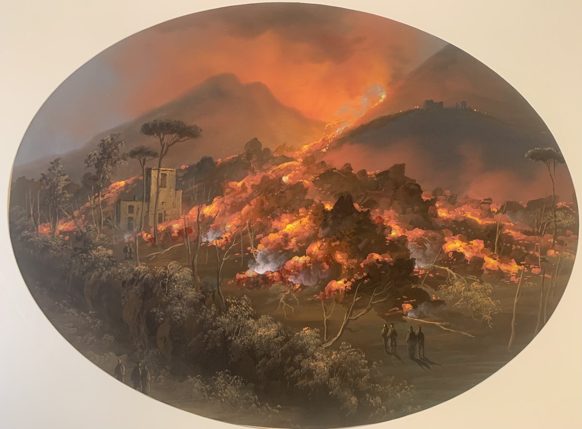 Scuola napoletana-gouache - eruzione notturna del Vesuvio- cratere- Napoli -photo-3