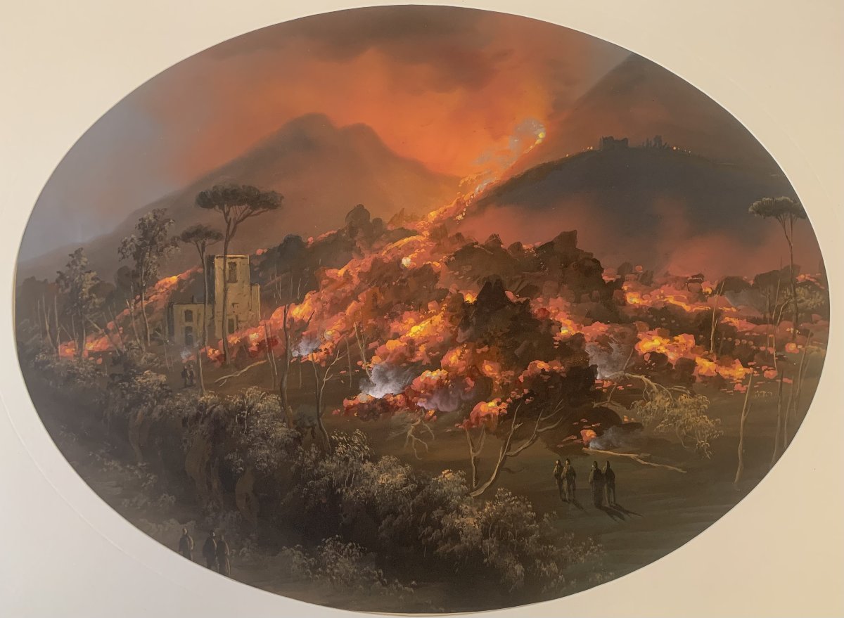 Scuola napoletana-gouache - eruzione notturna del Vesuvio- cratere- Napoli 
