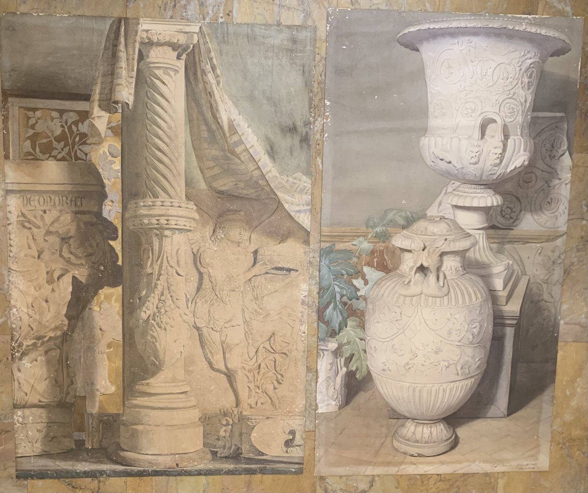 Due grandi studi di decorazione di interni con antichità - firmati Claudio Monticelli - 1910 ca-photo-2