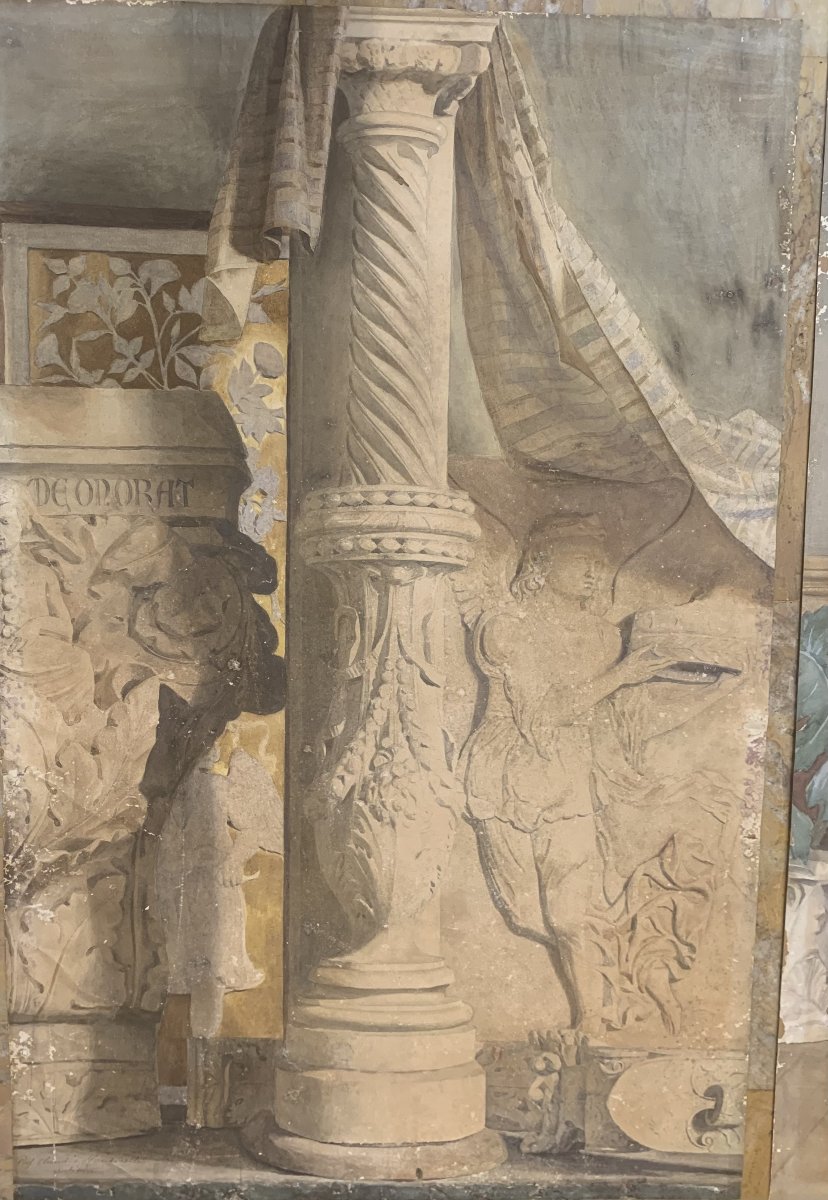 Due grandi studi di decorazione di interni con antichità - firmati Claudio Monticelli - 1910 ca-photo-3