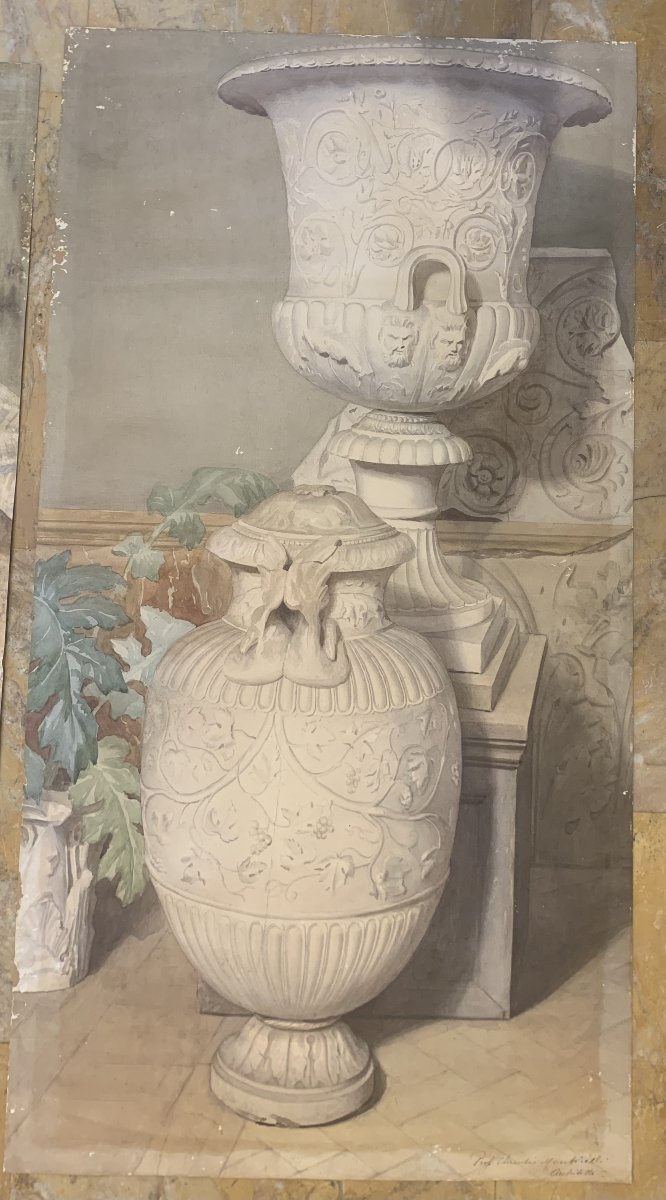 Due grandi studi di decorazione di interni con antichità - firmati Claudio Monticelli - 1910 ca-photo-4