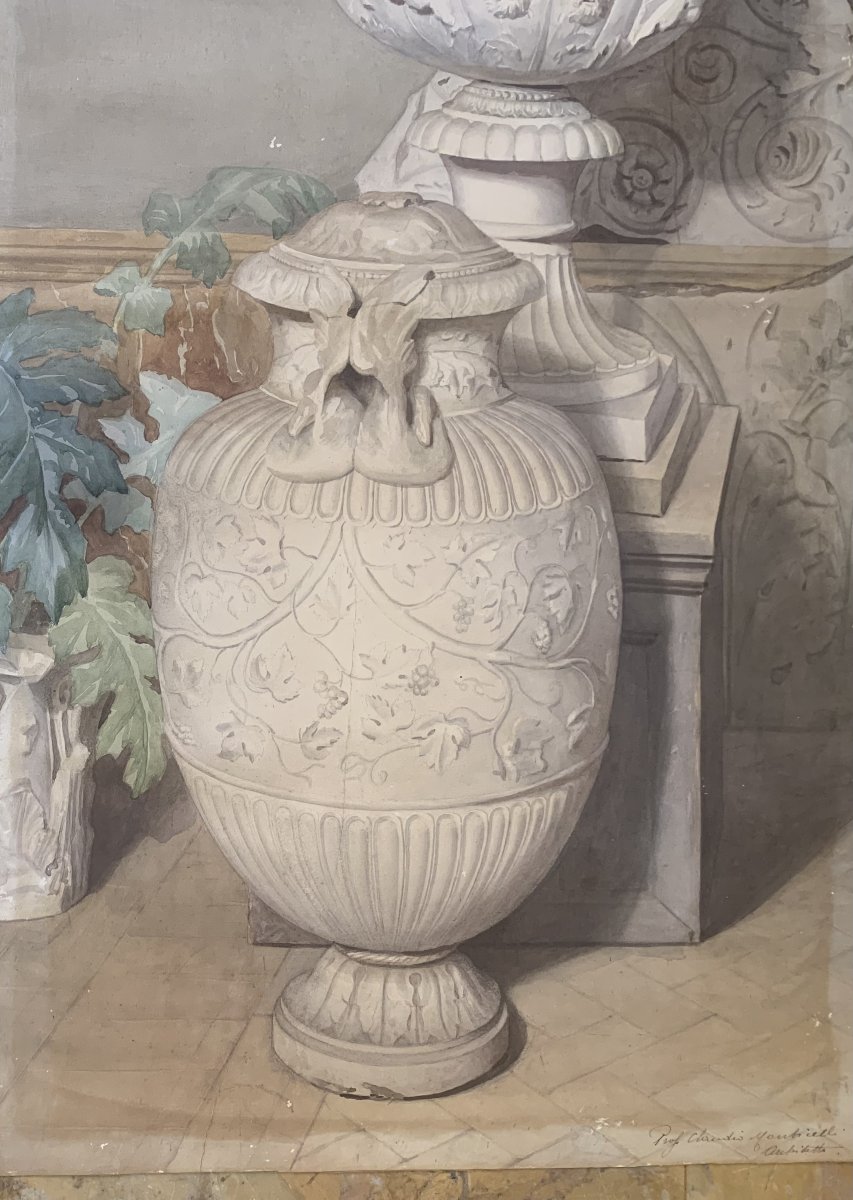 Due grandi studi di decorazione di interni con antichità - firmati Claudio Monticelli - 1910 ca-photo-3